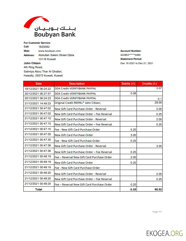 Relevé bancaire Koweït Boubyan modèle facile à remplir au format de fichier .xls et .pdf